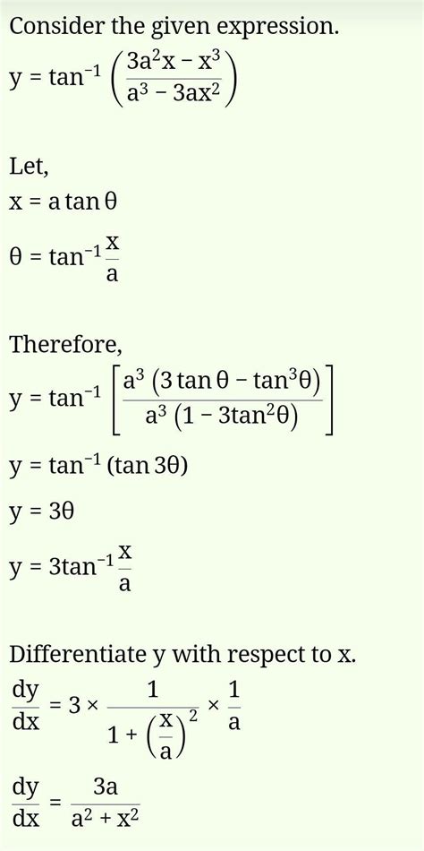If y = tan^-1 ( 3a^2x - x^3a^3 - 3ax^2 ) then dydx = ? a.3aa^2 + x^2 b ...