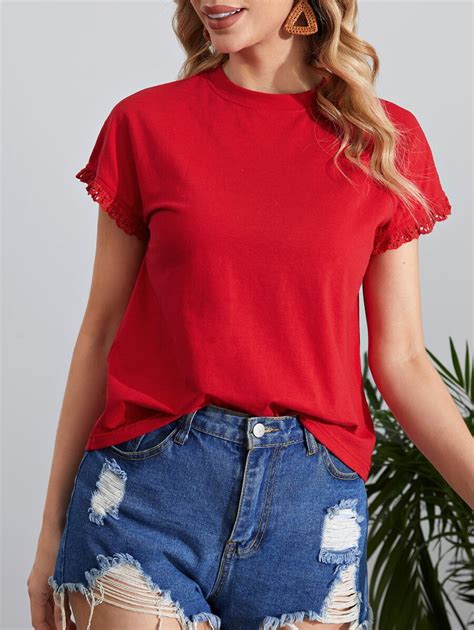 SHEIN Clasi Guipure Lace Trim Solid Tee | SHEIN USA