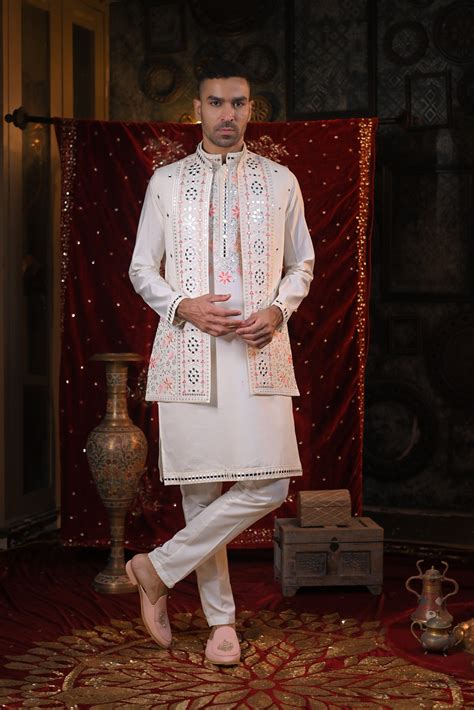 Off White Embroidery Kurta Set With Jacket – Rochaldas Sons