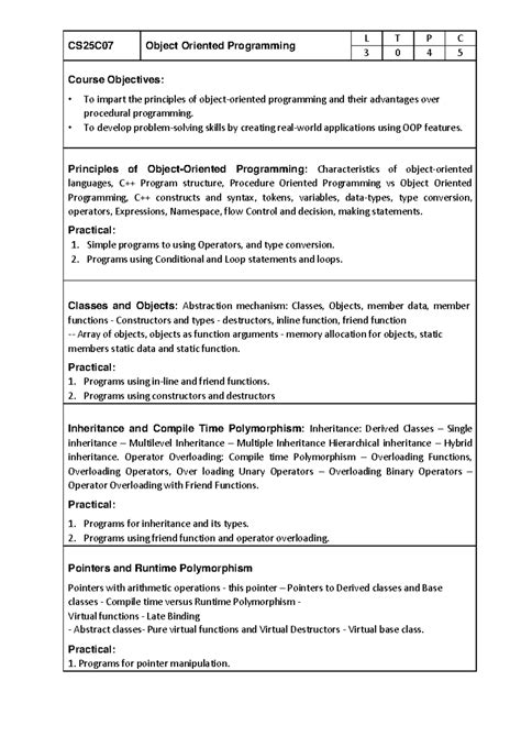 CS25C07 Object Oriented Programming Syllabus and Course Objectives ...