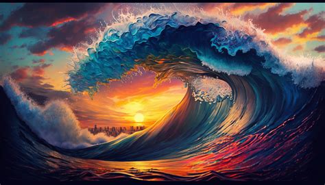 Colorful Ocean Wave. Sea water in crest shape. Sunset light and ...