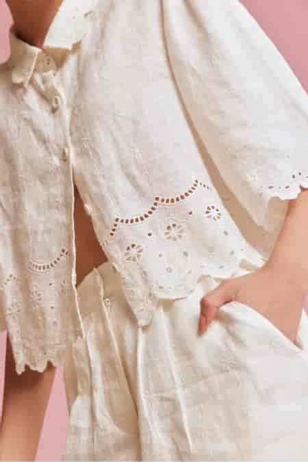 Buy White Linen Embroidery Collared Deya Shirt With Shorts For Women by ...