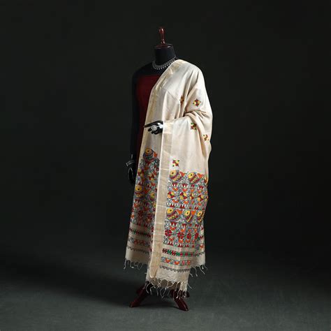 Beige Handpainted Madhubani Handloom Tussar Cotton Dupatta