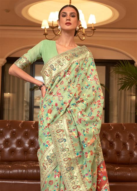Kalista Pista Green Woven Jamewar Kashmiri Banarasi Saree – Gajarai
