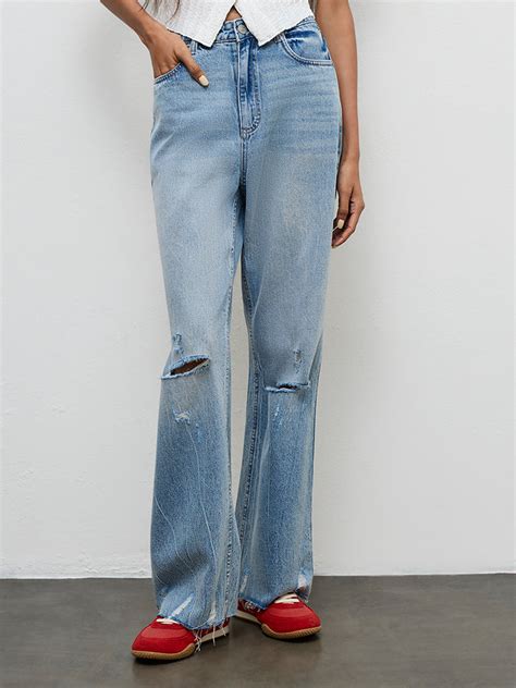 Buy Nuon Blue Washed Distressed High-Rise Jeans from Westside