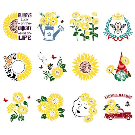 CrafTreat 12pcs of Sunflower Set Stencils for Painting on Wood, Canvas ...