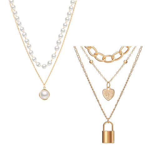 Pack Of 2 Layered Pearl Chain Link Heart Lock Pendant – Vembley