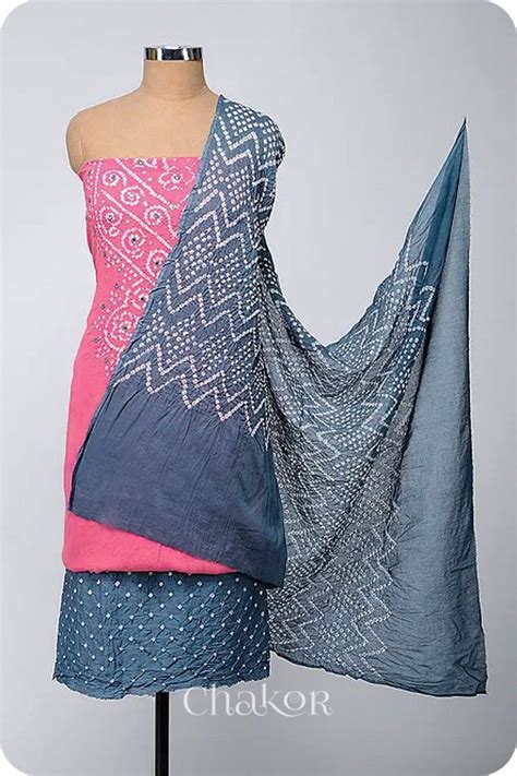 Shop Handcrafted Pink Grey Bandhani Cotton Kurta Fabric With Dupatta ...