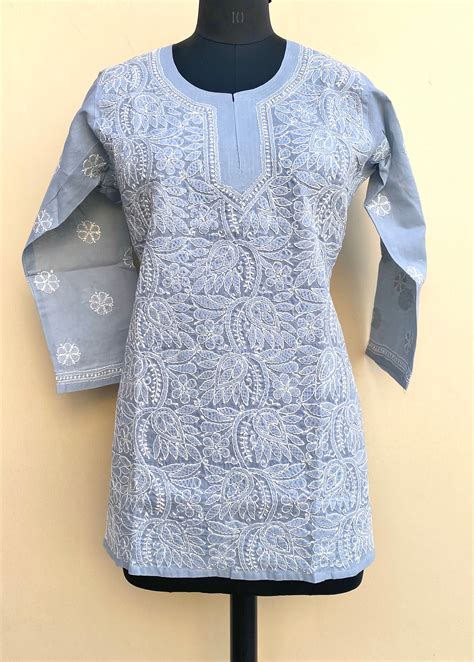 Lucknowi Chikankari Short Kurti Gray Cotton – Chikirpolo