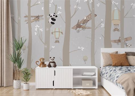Cute Cartoon Pandas Playing Brown Color Forest Wallpaper Murals