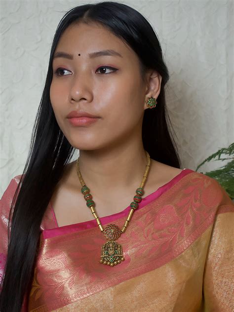 Tarangini — Antique Gold Pink Green Mandala Art and Lakshmi Pendant Te ...