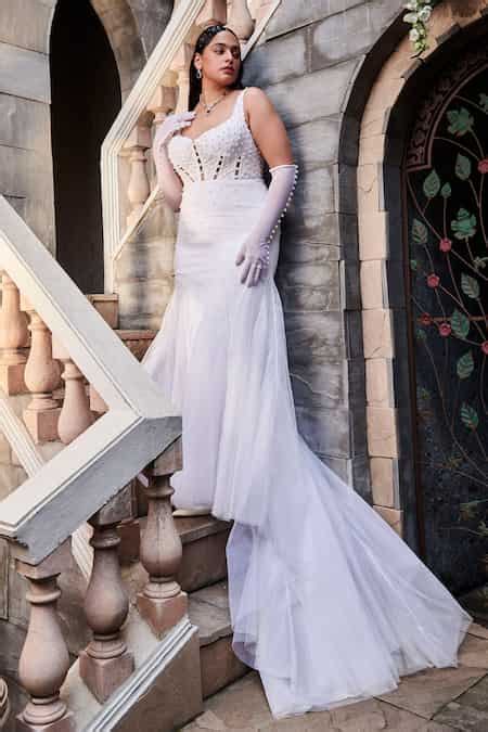 Buy White Chiffon, Tulle, Polyester Pearls Cecilia Embroidered Corset ...