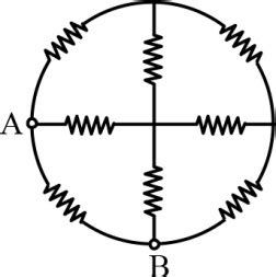 Eight resistances each of resistance 5 Ω are connected in the circuit ...
