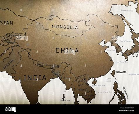 Map of East Asian countries and seas displayed with bold text and vintage overlay Stock Photo ...