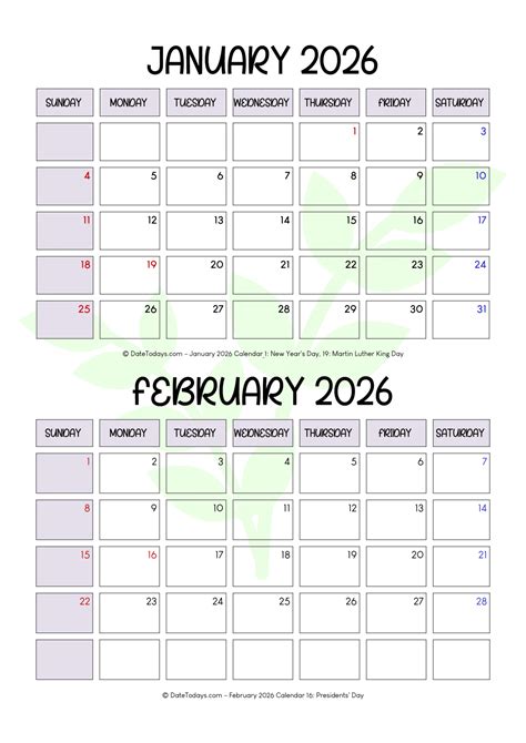 January February 2026 Calendar Printable PDF - 2 Month Calendar