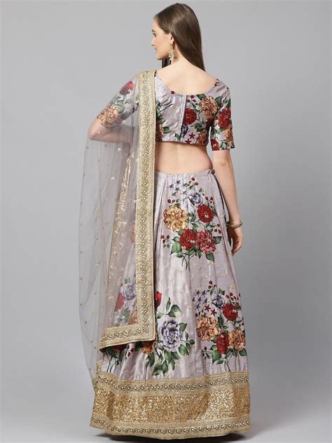 Buy Grey & Red Printed Semi-Stitched Myntra Lehenga & Unstitched Blouse ...
