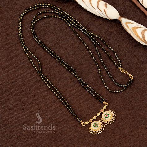 Micro Gold Plated Black Beads Mangalsutra with AD Motif - Sasitrends