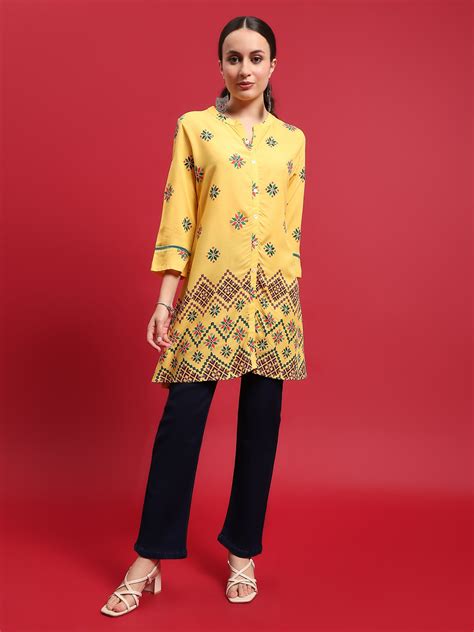 Indiessence (Buy 2 @ 499) Women Liva (Rayon) Yellow Geometric Print Tu