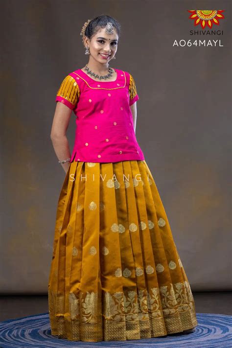 Traditional Girls Yellow Divine Lotus Pattu Pavadai Designs
