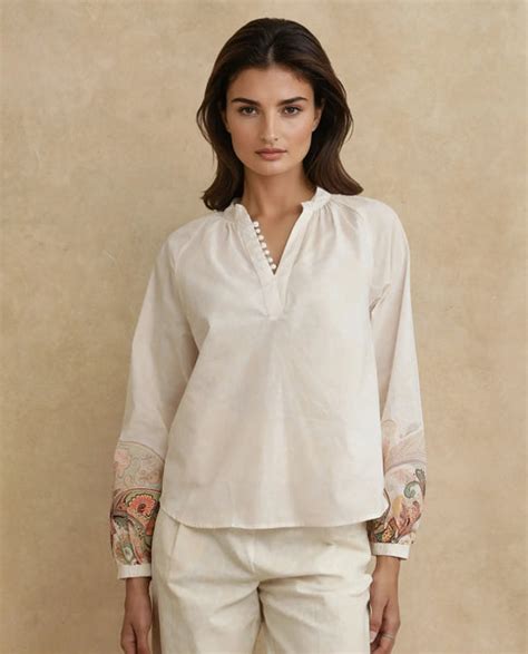 Rareism Women Roniv-T Beige 100% Cotton Fabric Regular Sleeve V-Neck R