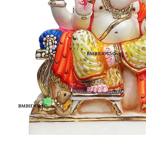 Ganesh Marble Murti with Painting done sitting on the Chowki – BMBIDOLS