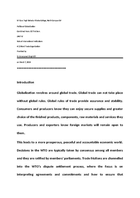 World Trade Organization: Role in Globalization - GE First Sem. - Studocu
