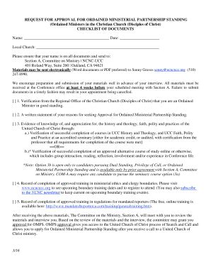 Fillable Online ncncucc REQUEST FOR APPROVAL FOR ORDAINED MINISTERIAL ...