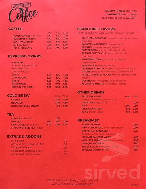 Main Street Coffee Co menu in Poplarville, Mississippi, USA