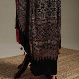 Black Hand Block Print Natural Dyed Modal Silk Ajrakh Dupatta with Tassels