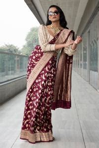 Buy Maroon Saree Pure Katan Silk Sweetheart Neck With Blouse For Women ...