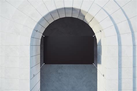 Empty black rectangular billboard hanging on modern building facade ...