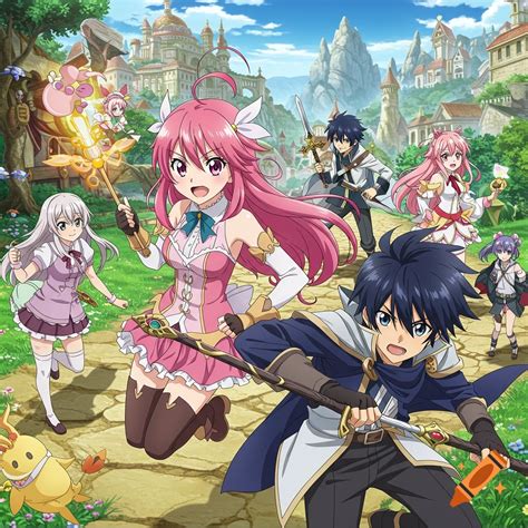 Anime characters with swords and magic staffs run down a path towards a ...