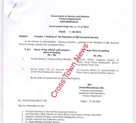 J&K Govt orders transfers & postings of Treasury/Accounts Officers