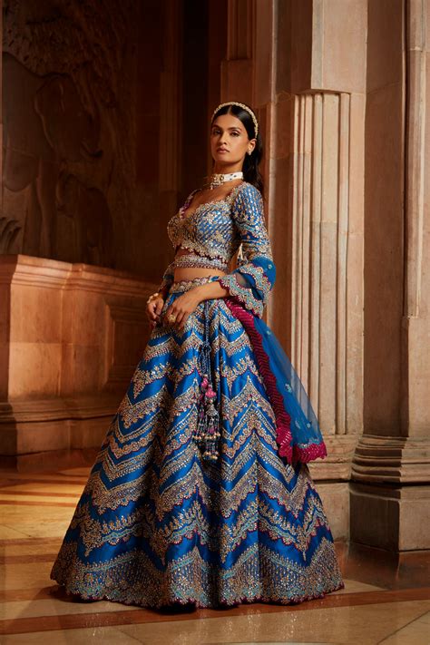 Peacock Blue Tafetta Lehenga Choli with a Tulle Dupatta and Belt ...