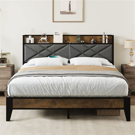 VECELO Queen Bed Frames Storage Upholstered Headboard with Charging ...