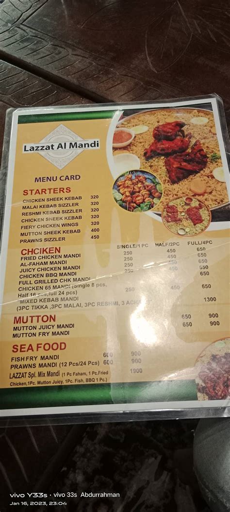 Menu at Lazzat Al Mandi, Hyderabad