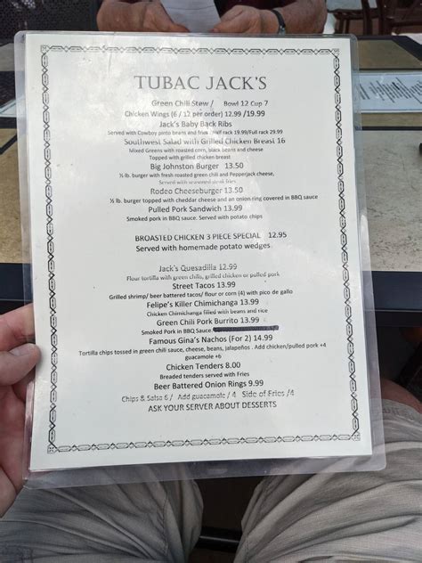 Menu at Tubac Jack's Restaurant & Saloon, Tubac