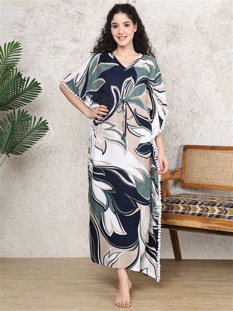 Blue Abstract Printed Kaftan Maxi Nightdress For Women