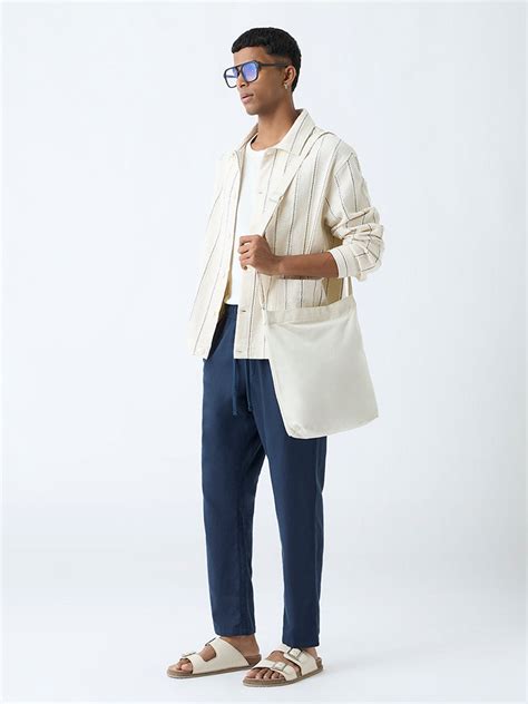 Buy ETA Dark Blue Solid Relaxed-Fit Mid-Rise Cotton Pants from Westside