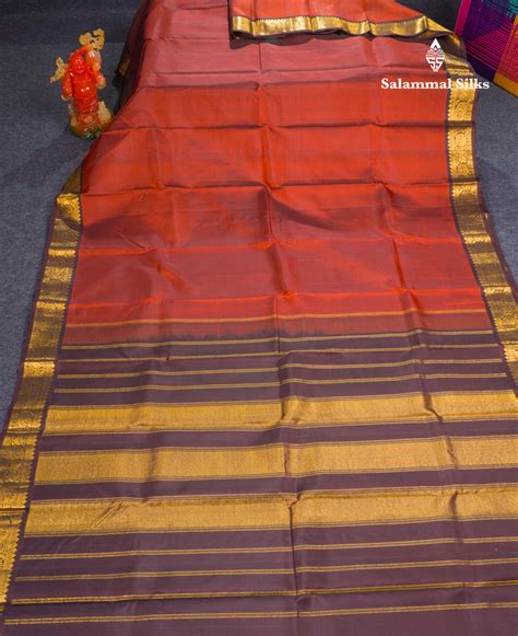 Beautiful Rust Orange Plain Pure Kanjivaram Silk Saree With Dark Brown ...