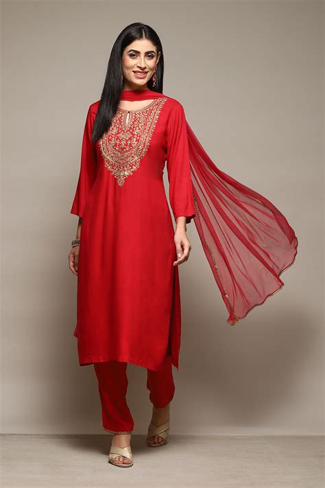Buy Coral Red LIVA Gathered Kurta Parallel Pants Suit Set Online at ...