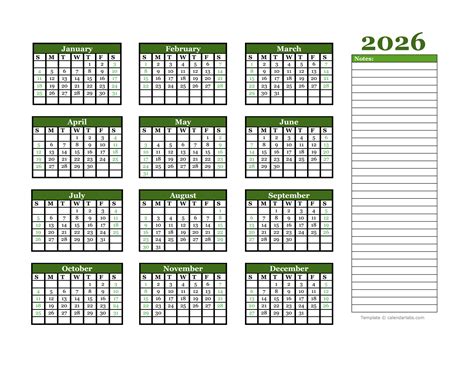 2026 Yearly Calendar With Blank Notes - Free Printable Templates