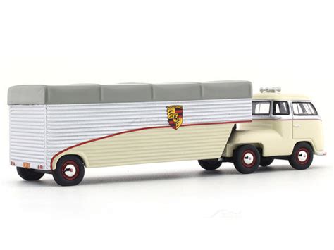 Volkswagen T1 Porsche car transporter beige 1:64 Schuco ProR scale ...