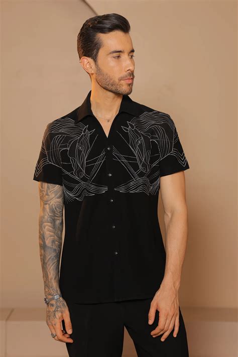 Black majestic horse embroidered shirt – Bharat Reshma