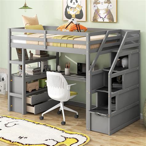 Amazon.com: Twin Loft Bed with Stairs and Desk, Wood Loft Bed Frame ...