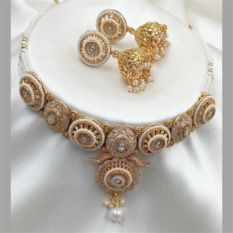 NAFJ Gold Plated Pota Stone And Pearls Meenakari Necklace Set ...