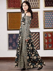 Black Indigo Beige Hand Block Printed Cotton Long Dress With Cold Shou ...