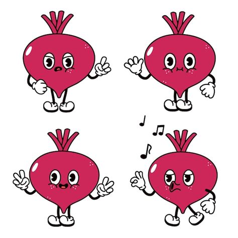 Cartoon Beets with animated facial expressions and various hand ...
