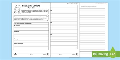 Persuasive Writing Week One Homework - Worksheet