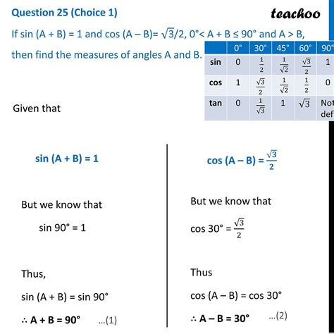 [Class 10] If sin(A+B) =1 and cos(A-B)= √3/2, 0° B